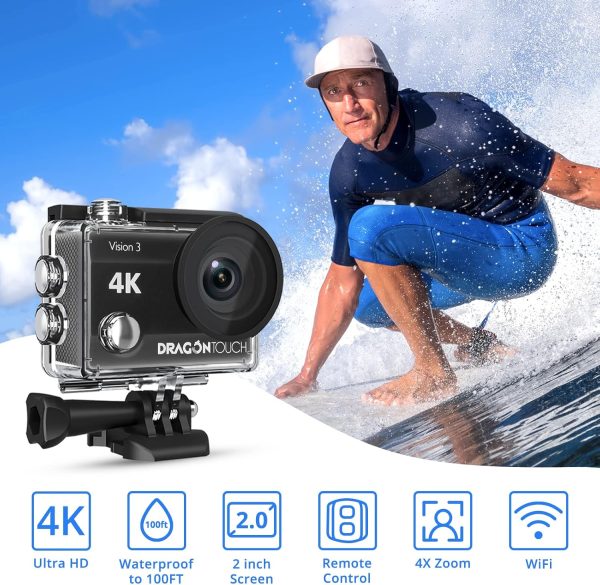 Dragon Touch 4K Action Camera 20MP Vision 3 Underwater Waterproof Camera 170° Wide Angle WiFi Sports Cam with Remote 2 Batteries and Mounting Accessories Kit - Image 2