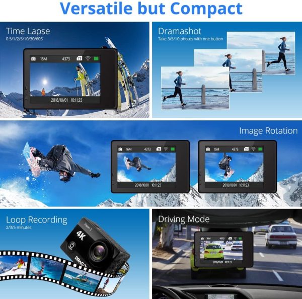 Dragon Touch 4K Action Camera 20MP Vision 3 Underwater Waterproof Camera 170° Wide Angle WiFi Sports Cam with Remote 2 Batteries and Mounting Accessories Kit - Image 5