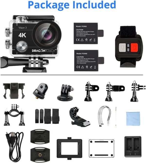 Dragon Touch 4K Action Camera 20MP Vision 3 Underwater Waterproof Camera 170° Wide Angle WiFi Sports Cam with Remote 2 Batteries and Mounting Accessories Kit - Image 6