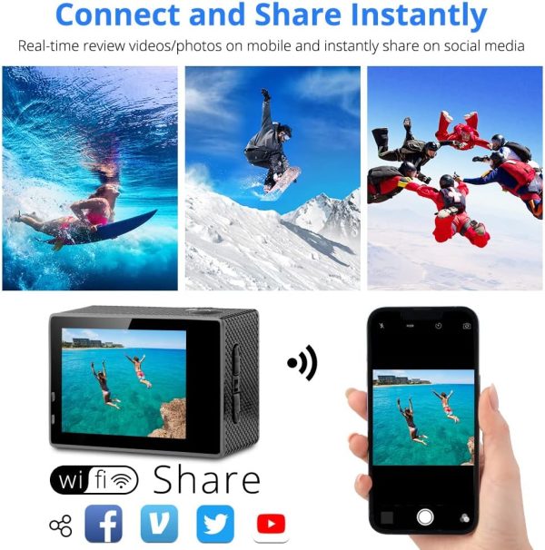 Dragon Touch 4K Action Camera 20MP Vision 3 Underwater Waterproof Camera 170° Wide Angle WiFi Sports Cam with Remote 2 Batteries and Mounting Accessories Kit - Image 8