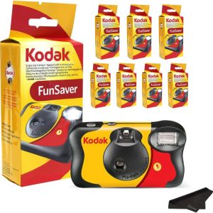 Kodak Funsaver Disposable Camera Bulk one time Single use 7-Pack 27exp 35mm Camera Bundled with Balveli Premium Microfiber Cloths - Bulk Kodak Disposable Film Camera 35mm